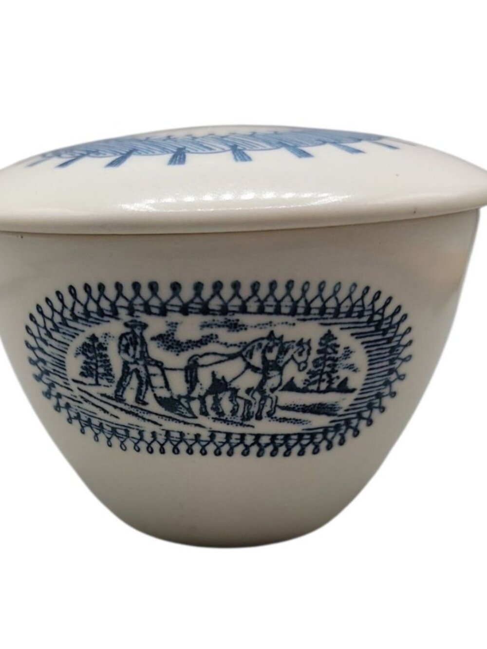 Vintage Country Life Blue Sugar Bowl w/Lid Currier & Ives Print Edwin Knowles